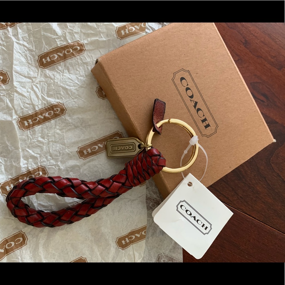 COACH NWT Vintage Braided Leather Keyfob 7204 Red